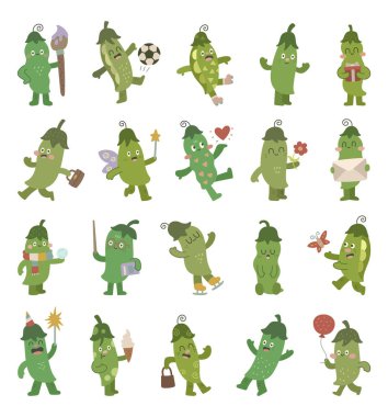 Farklı duyguları olan İskandinav tarzında belirlenmiş bezelye karakteri çiçek, kitap, işaret, hediye, balon, kartopu, el çantası, dondurma ve maytap içeren etkinlikler sunar.