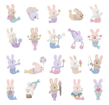 Farklı duyguları olan İskandinav tarzında ayarlanmış tavşan deniz kızı karakteri ve elinde boya fırçası, ahtapot, dondurma, deniz kabuğu, hediye, çanta, balon, kalp, paket kupası, evrak çantası.