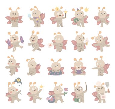 Kelebek karakteri İskandinav tarzında ayarlanmış farklı duygular ve sevimli pozlar içinde kalp, şeker, hediye, dondurma, çiçek, kitap, uçurtma, işaretçi, sepet ve spatula barındırıyor.