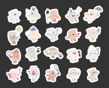 Paper sheet character set in scandinavian style with different emotions and poses holding balloon, sparkler, snowball, pointer, paintbrush, microphone, umbrella, smartphone, ice cream, heart