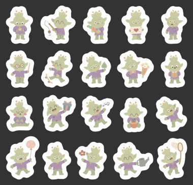 Forest fairy character set in scandinavian style showing different emotions and poses holding flower, bouquet, carrot, book, gift, balloon, fishing rod, pointer, leaf