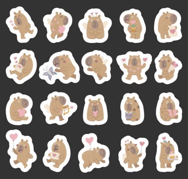 Capybara valentine character set in scandinavian style showing different emotions and poses holding heart, balloon, flower, cake, envelope, letter, tray, magic wand, postcard
