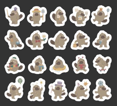 Platypus character set in scandinavian style showing education farming, cooking, romance, business, holiday, sport, fantasy celebration valentine, learning, gift, dessert, balloon