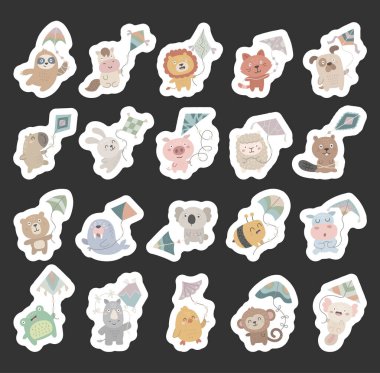 Animal with kite character set in scandinavian style with different emotions and poses including sloth, horse, lion, cat. dog, capybara, rabbit, pig, sheep, beaver