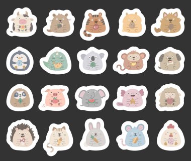 Animal character set in scandinavian style with flower, log, meat, cookie, egg, fish, leaf, banana, bone, tomato, watermelon, mushroom, carrot, cheese, heart