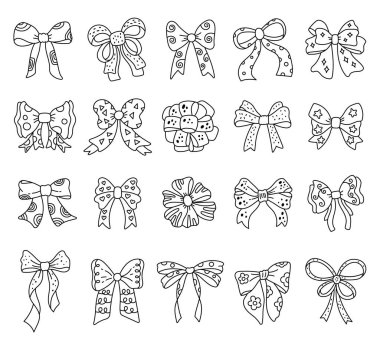 Bow decoration set in outline line art showing different cute handmade, ribbons tied knots festive ornaments layered, embellishments crafted, accessories for celebration decor