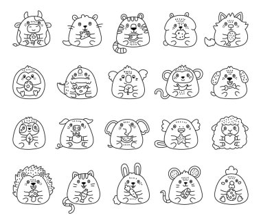 Animal character set in outline line art with flower, log, meat, cookie, egg, fish, leaf, banana, bone, tomato, watermelon, mushroom, carrot, cheese, heart