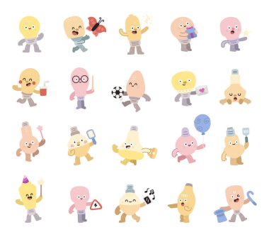 Light bulb character set in scandinavian style showing different emotions and poses with smiling, butterfly, sport, holiday, cooking, magic, music, business, education, fantasy