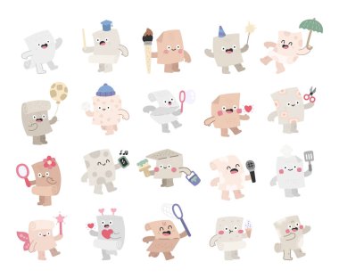 Paper sheet character set in scandinavian style with different emotions and poses holding balloon, sparkler, snowball, pointer, paintbrush, microphone, umbrella, smartphone, ice cream, heart