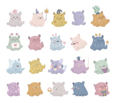 Dumbo octopus character set in scandinavian style with different emotions and adorable poses holding starfish, sparkler, envelope, book, pointer, donut and gift for your projects