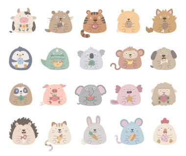 Animal character set in scandinavian style with flower, log, meat, cookie, egg, fish, leaf, banana, bone, tomato, watermelon, mushroom, carrot, cheese, heart