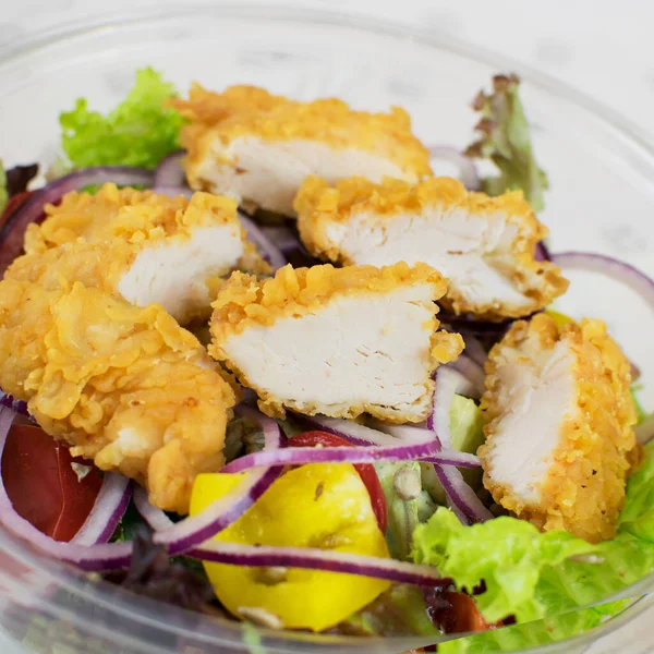 Salad Pieces Breaded Chicken Close — Stock Photo, Image