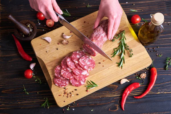 Woman Slicing Traditional Salami Sausage Wooden Cutting Board Knife Domestic — Stock Photo, Image