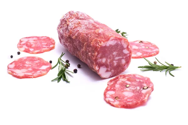 stock image Sliced Smoked dry Salami sausage isolated on white background.