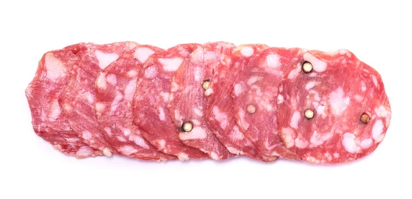 Geschnitten Geräucherte Trockene Salami Wurst Isoliert Auf Weißem Hintergrund — Stockfoto