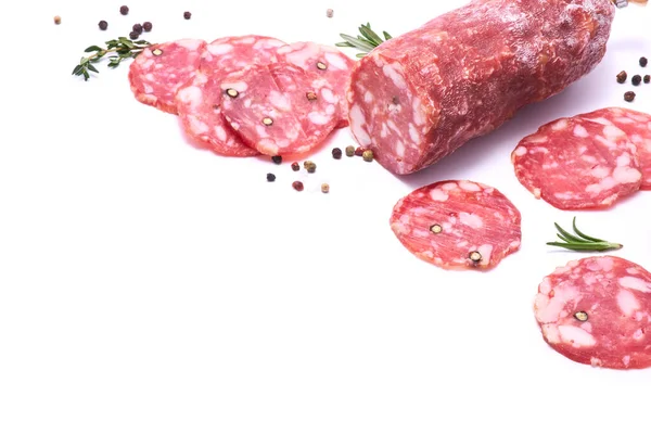 Sliced Smoked Dry Salami Sausage Isolated White Background — Stock Photo, Image