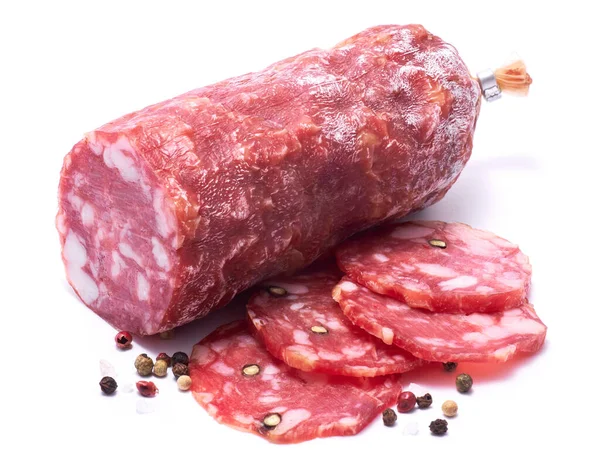 Sliced Smoked Dry Salami Sausage Isolated White Background — Stock Photo, Image
