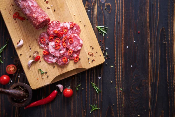 Traditional Salami Sausage Wooden Cutting Board Spices — Stock Photo, Image