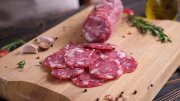 Salt Pepper Falling Sliced Salami Sausage Wooden Cutting Board Domestic — Stock Video