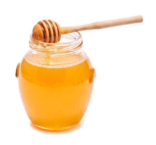 Glazen Pot Verse Honing Geïsoleerd Witte Achtergrond — Stockfoto