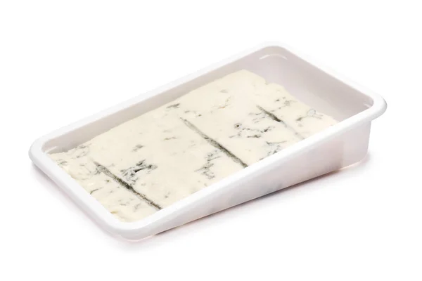 Famous Traditional Italian Gorgonzola Blue Cheese Plastic Tray Isolated White — Stock Photo, Image