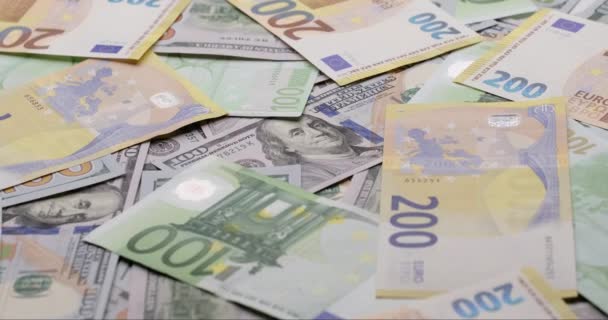 Fondo Monetario Efectivo Usd Euro Doscientos Euros Billetes Dólares Giran — Vídeo de stock