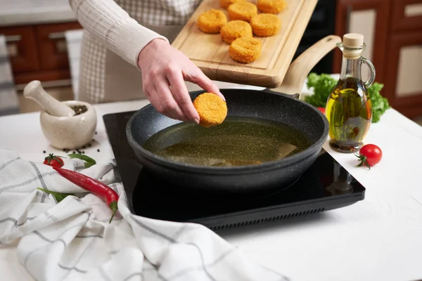 Woman Puts Cheese Balls Frying Pan Hot Cooking Oil — Stock Photo, Image