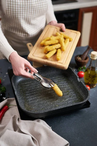 Woman Puts Cheese Sticks Hot Oiled Grill Frying Pan — Stock Photo, Image