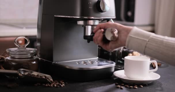 Woman Making Coffee Putting Portafilter Coffee Machine — Vídeo de Stock