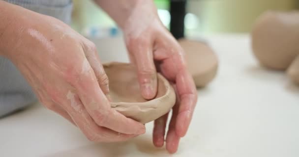 Woman Forming Clay Pot Shape Hands Closeup Artistic Studio — Stock Video
