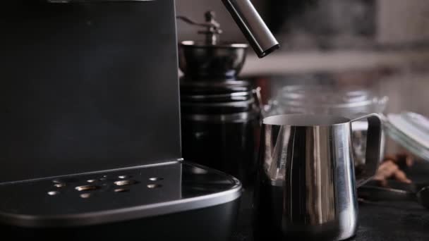 Closeup Slow Motion Purging Steam Wand Coffee Machine — Stock Video