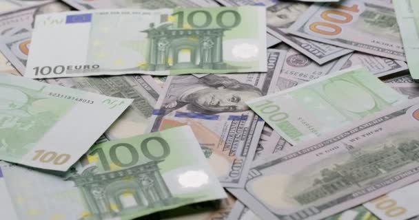 Денежный Фон Долларах Сша Евро 100 Долларов Банкноты Евро Вращаются — стоковое видео