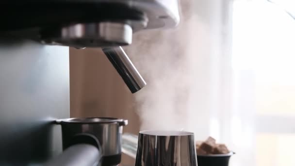 Closeup Slow Motion Purging Steam Wand Coffee Machine — Stock Video