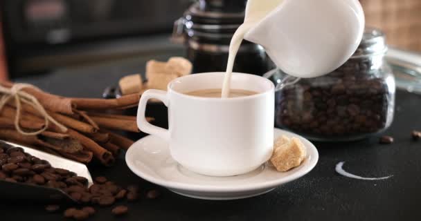 Het Toevoegen Van Koffiemelk Een Kopje Zwarte Koffie — Stockvideo