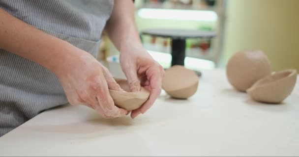 Woman Forming Clay Pot Shape Hands Closeup Artistic Studio — Stock Video