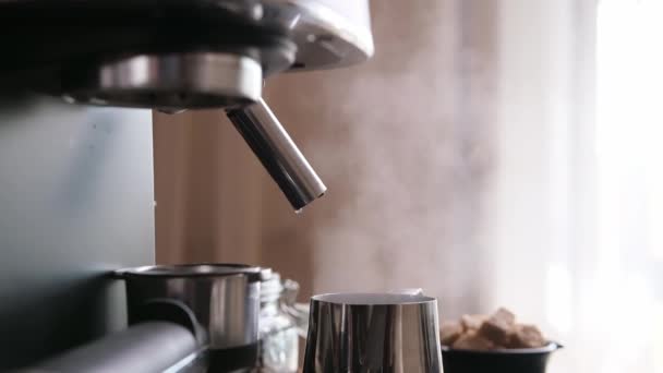 Closeup Slow Motion Purging Steam Wand Coffee Machine — Stock video