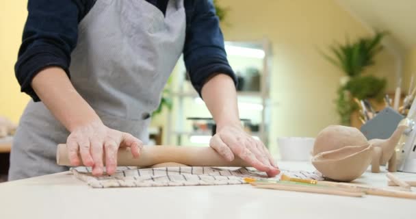 Hobbies Concept Woman Ceramist Rolls Clay Rolling Pin Pottery Workshop — Vídeo de stock