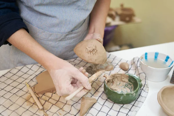 Woman Forming Clay Pot Shape Hands Closeup Artistic Studio — Stock Photo, Image