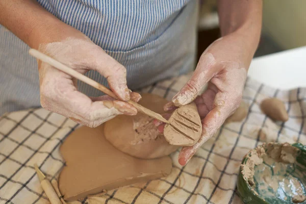 Woman Forming Clay Pot Shape Hands Closeup Artistic Studio — Stock Photo, Image