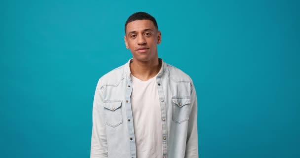 Calm Satisfied Young African American Man Standing Blue Background Taking — Stock Video