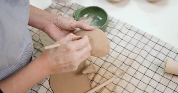 Mulher Formando Forma Panela Barro Por Mãos Close Estúdio Artístico — Vídeo de Stock