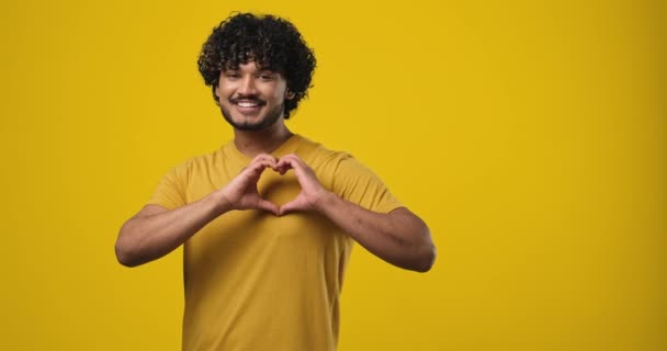 Улыбающийся Бородатый Индиец Делает Сердечный Жест Демонстрирует Любовь Знак Выражает — стоковое видео