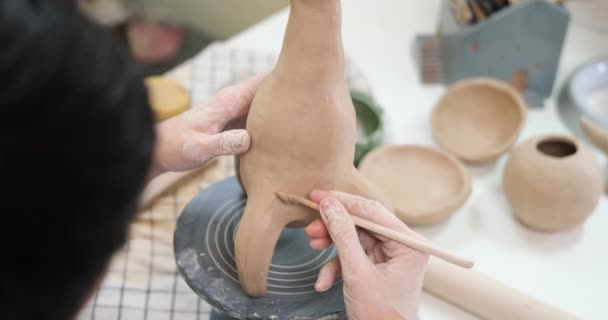 Mulher Esculpe Vaso Barro Por Mãos Close Estúdio Artístico — Vídeo de Stock
