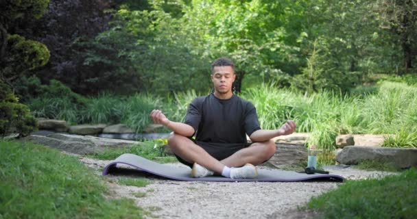 若いアフリカ系アメリカ人のスピリチュアリティマンは 公園の屋外に座ってヨガアサナを瞑想 — ストック動画