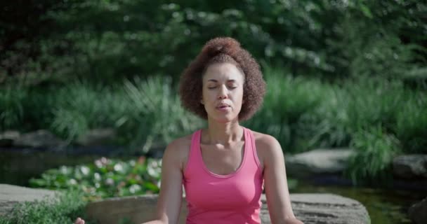 若いアフリカ系アメリカ人女性は目でたくさんの位置に座り 屋外でヨガをすることを瞑想します — ストック動画