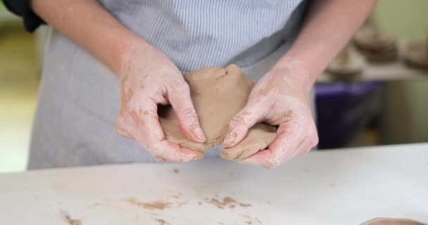 Closeup Hands Ceramic Artist Wedging Clay Art Studio — Stock Video