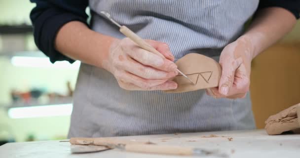 女性は芸術スタジオで手作業で土鍋に模様を作り — ストック動画