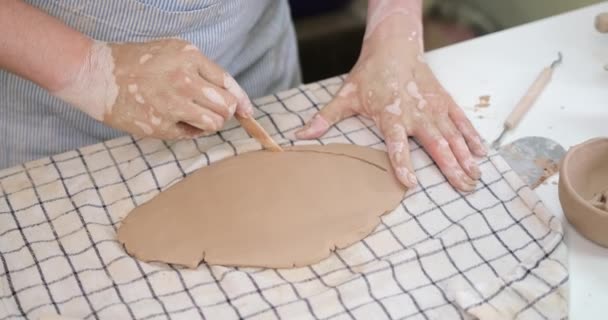 Ceramista Cerâmica Mestre Corte Corte Argila Com Faca Fettling — Vídeo de Stock