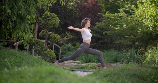 Kaukasische Schöne Sportlich Schlanke Junge Frau Beim Yoga Freien Park — Stockvideo