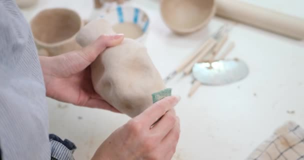 女性は粘土の花瓶を手で彫刻し — ストック動画